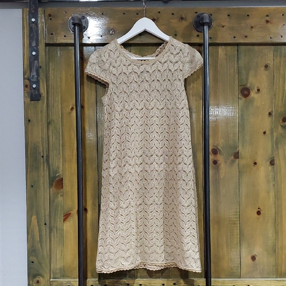 Tan Sheath Midi Dress with Flutter Cap Sleeves - Picture 1 of 7